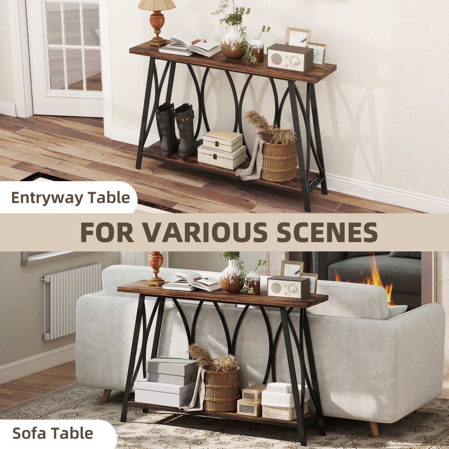 Narrow Console Table, Industrial 2-Tier Sofa Table with Metal Frame for Entryway, Living Room, 120x30x80cm, Rustic Brown