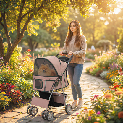 Dog Pram, Pet Stroller with Reflective Strips, Foldable Cat Stroller with 360° Swivel Wheels, Brown