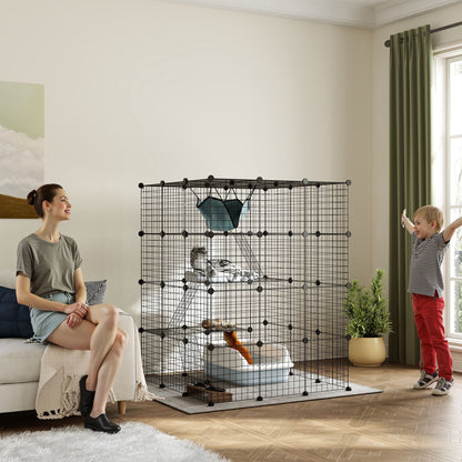 Steel Wire Cat Cage Indoor with Hammock, Ramps, Doors, DIY Cat Enclosure for 1-3 Cats, Black