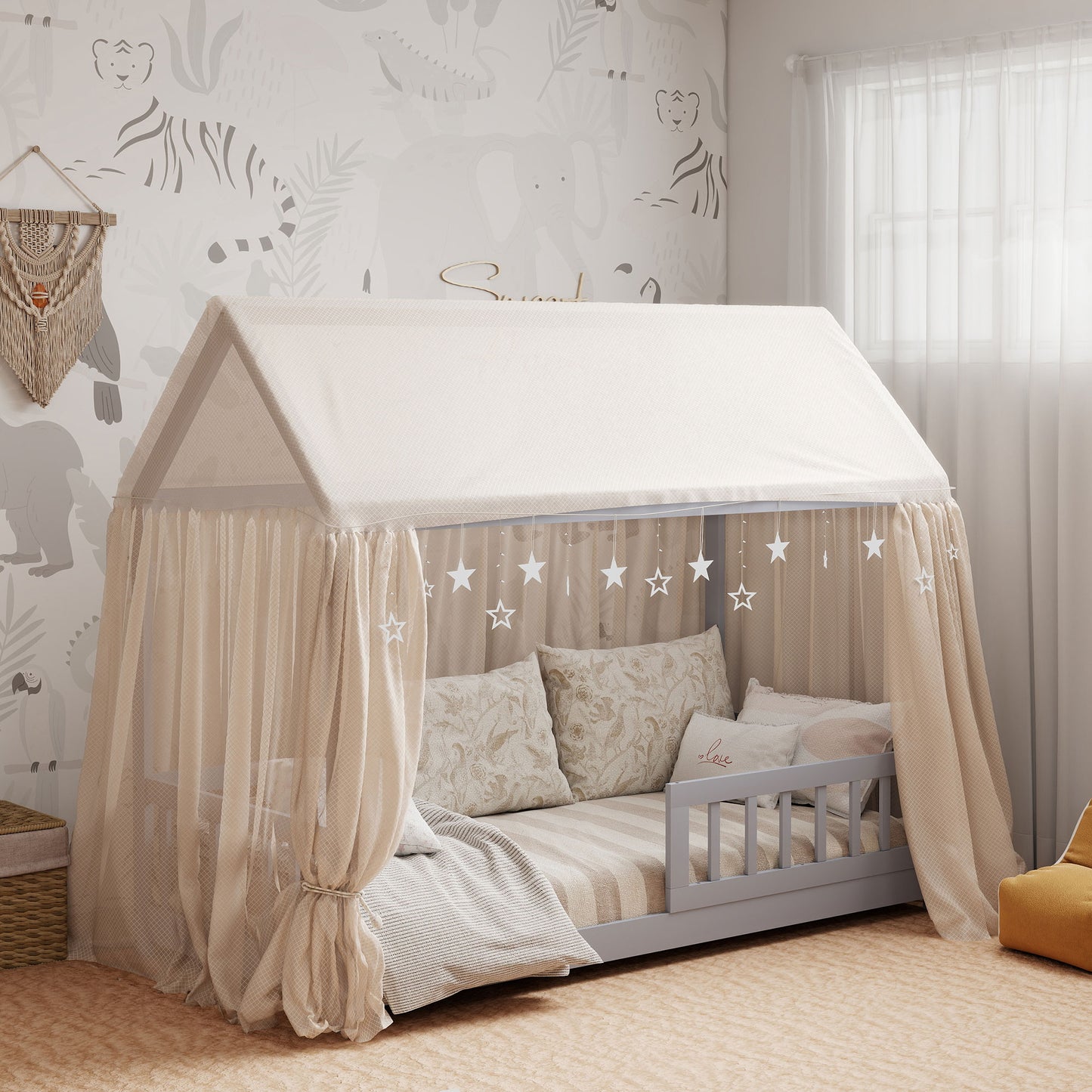 House-Shaped Kids Bed Frame with Guard Rails, Solid Pine Wood Single Bed Frame for Kids Boys and Girls, Grey