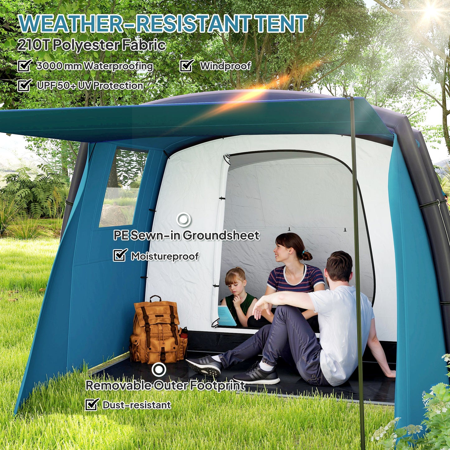 Inflatable 3-4 Man Tunnel Tent w/ Air Pump, Living Area & Vestibule, Waterproof Family Camping Air Tent, Sewn In Groundsheet