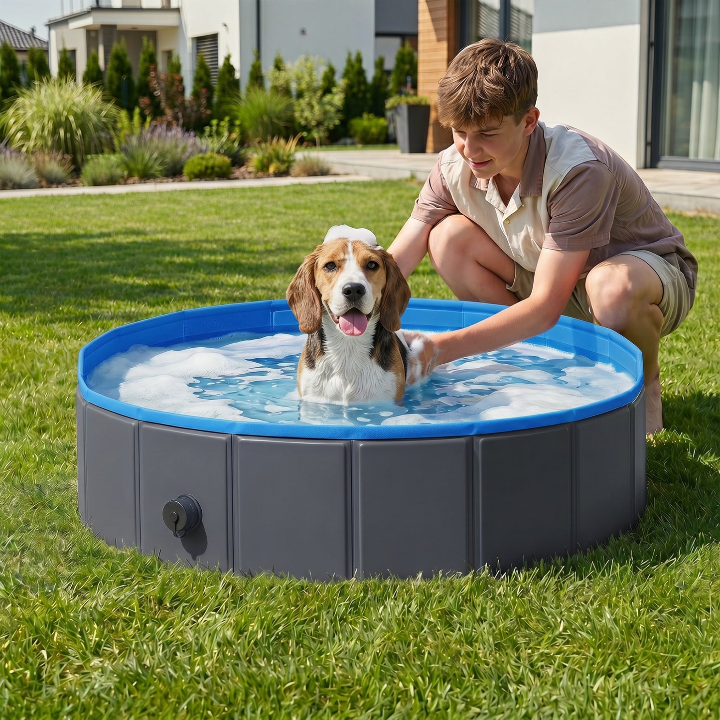 Foldable Dog Pool for Puppies and Ducks Dog Paddling Pool Bath Tub, Dark Grey, 100 x 30 cm