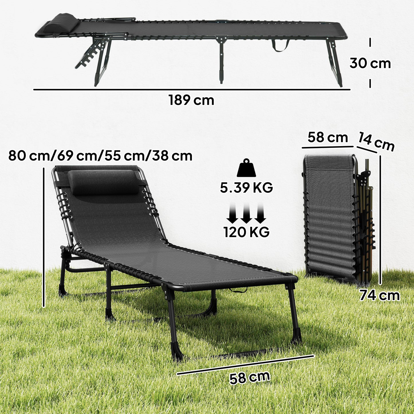 Foldable Sun Lounger, Outdoor 4 Level Adjustable Backrest Reclining Chaise Chair, Steel Frame Recliner Chair for Camping