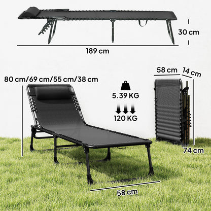 Foldable Sun Lounger, Outdoor 4 Level Adjustable Backrest Reclining Chaise Chair, Steel Frame Recliner Chair for Camping