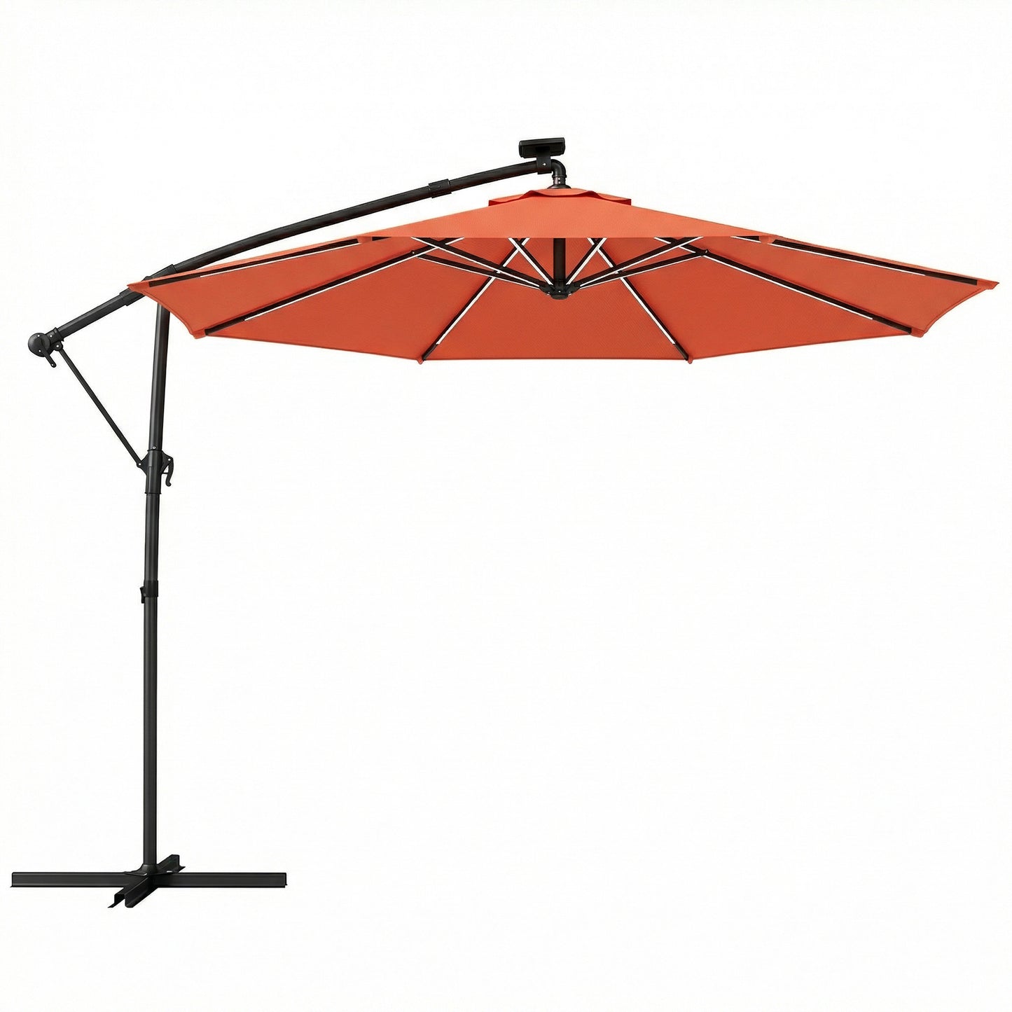 3 m Garden Cantilever Parasol with LED Solar Light, Round Overhanging Umbrella with 360° Rotation, Cover, Orange