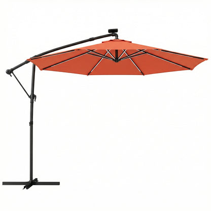 3 m Garden Cantilever Parasol with LED Solar Light, Round Overhanging Umbrella with 360° Rotation, Cover, Orange