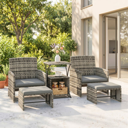 6 Piece Rattan Garden Furniture, Space-Saving Patio Furniture Set with Nesting Tables, Chairs, Stools, Cushions, Grey