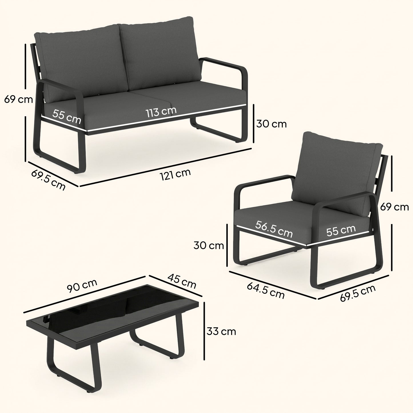 4 Piece Garden Furniture Set, Outdoor Sofa Set with Loveseat, 2 Armchairs, Coffee Table and Cushions