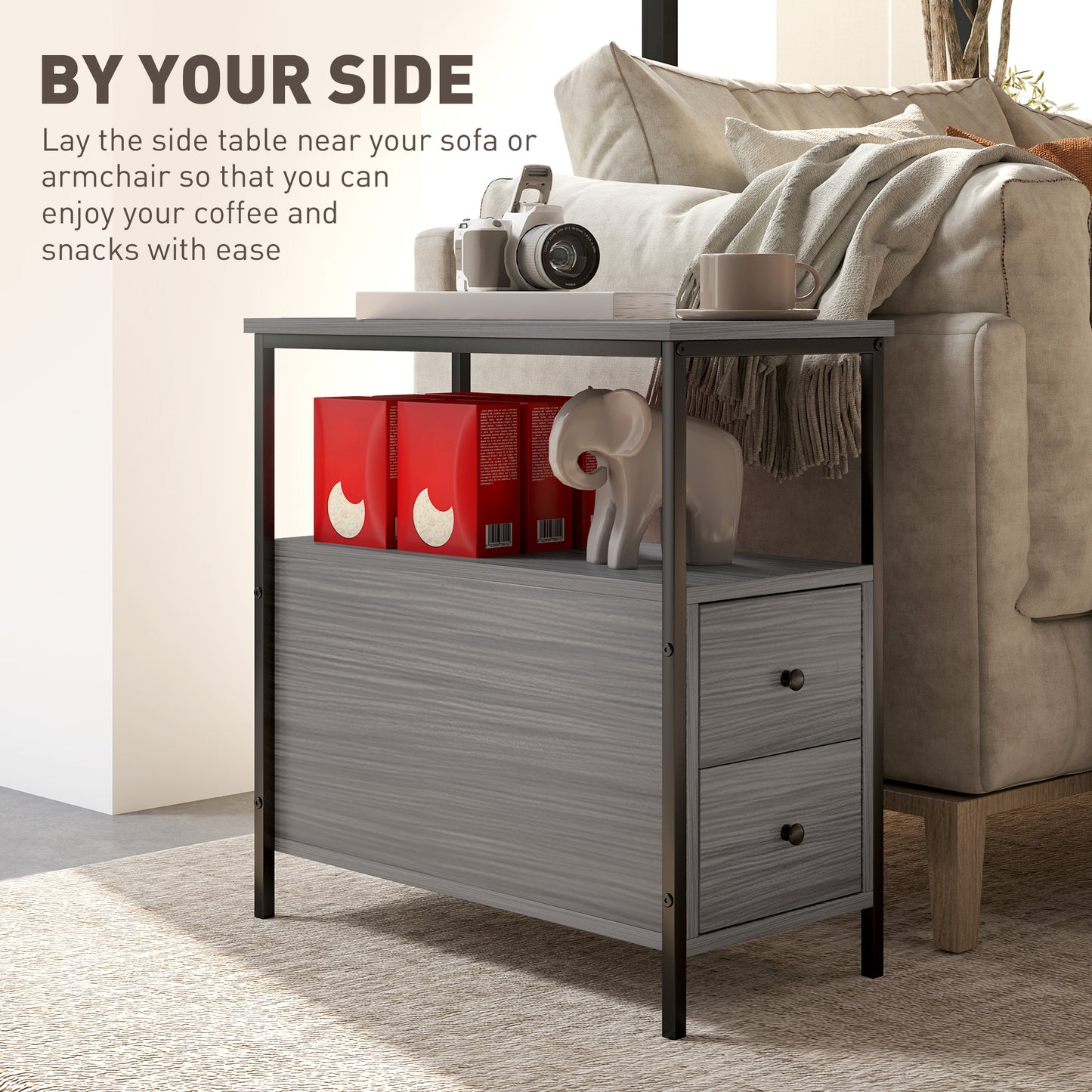 Side Table, Narrow Bedside Table with 2 Drawers and Storage Shelf, Industrial End Table with Metal Frame for Small Spaces