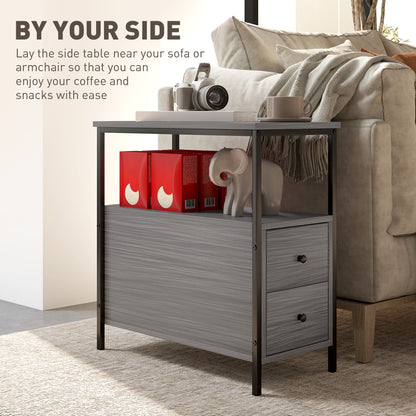 Side Table, Narrow Bedside Table with 2 Drawers and Storage Shelf, Industrial End Table with Metal Frame for Small Spaces