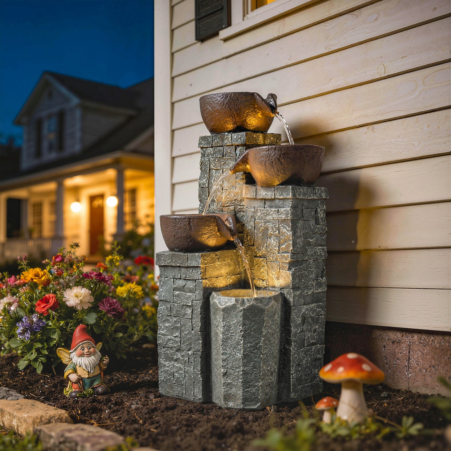 4-Tier Outdoor Fountain, Cascading Waterfall, Garden Fountain with LED Lights, Adjustable Flow, Grey and Rustic Brown