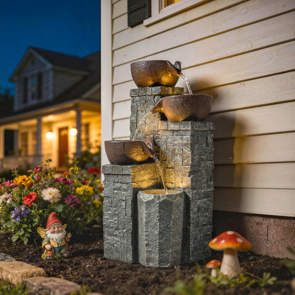 4-Tier Outdoor Fountain, Cascading Waterfall, Garden Fountain with LED Lights, Adjustable Flow, Grey and Rustic Brown