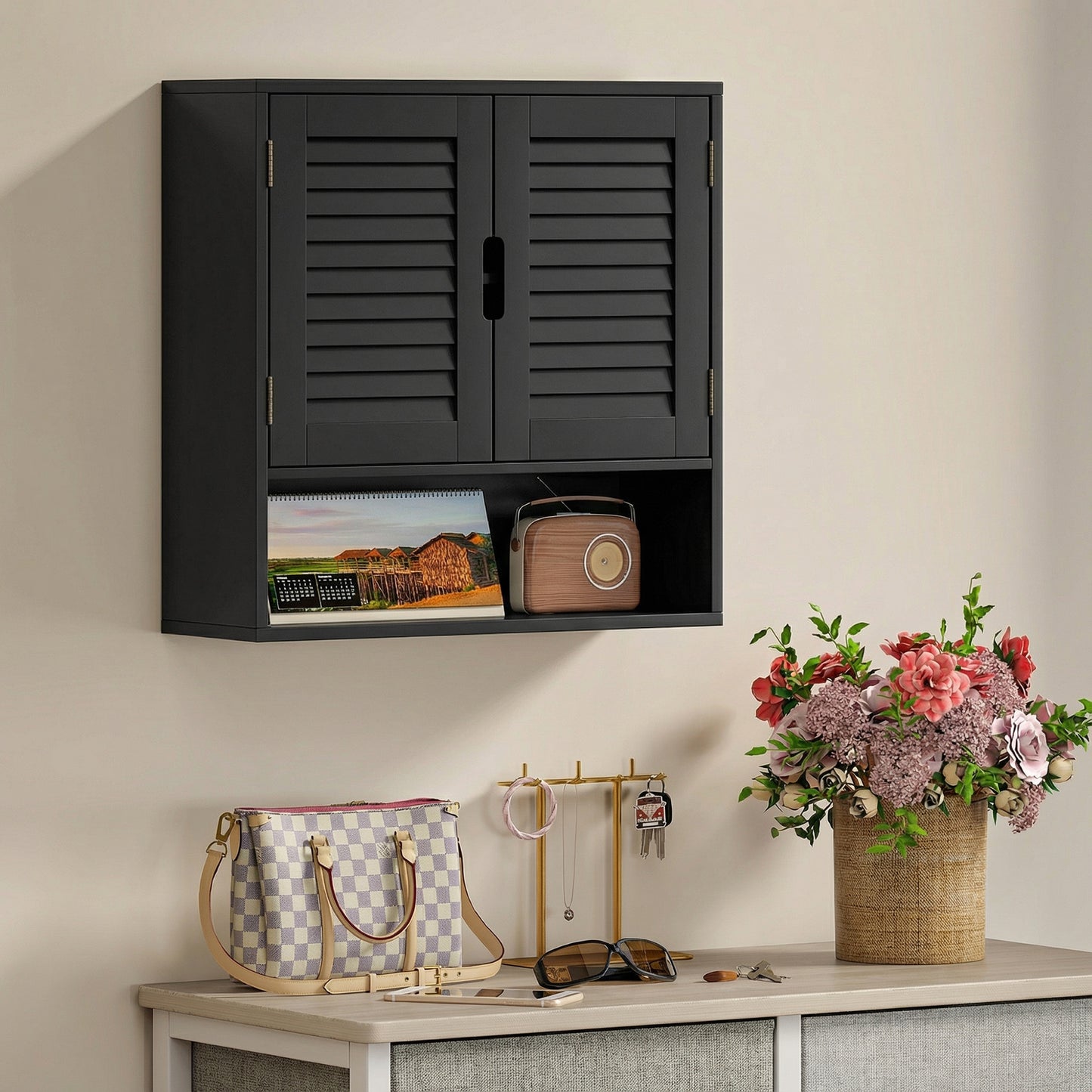 Bathroom Cabinet, Wall Mounted Storage Cabinet with Adjustable Shelves, 60 x 20 x 60 cm, Black