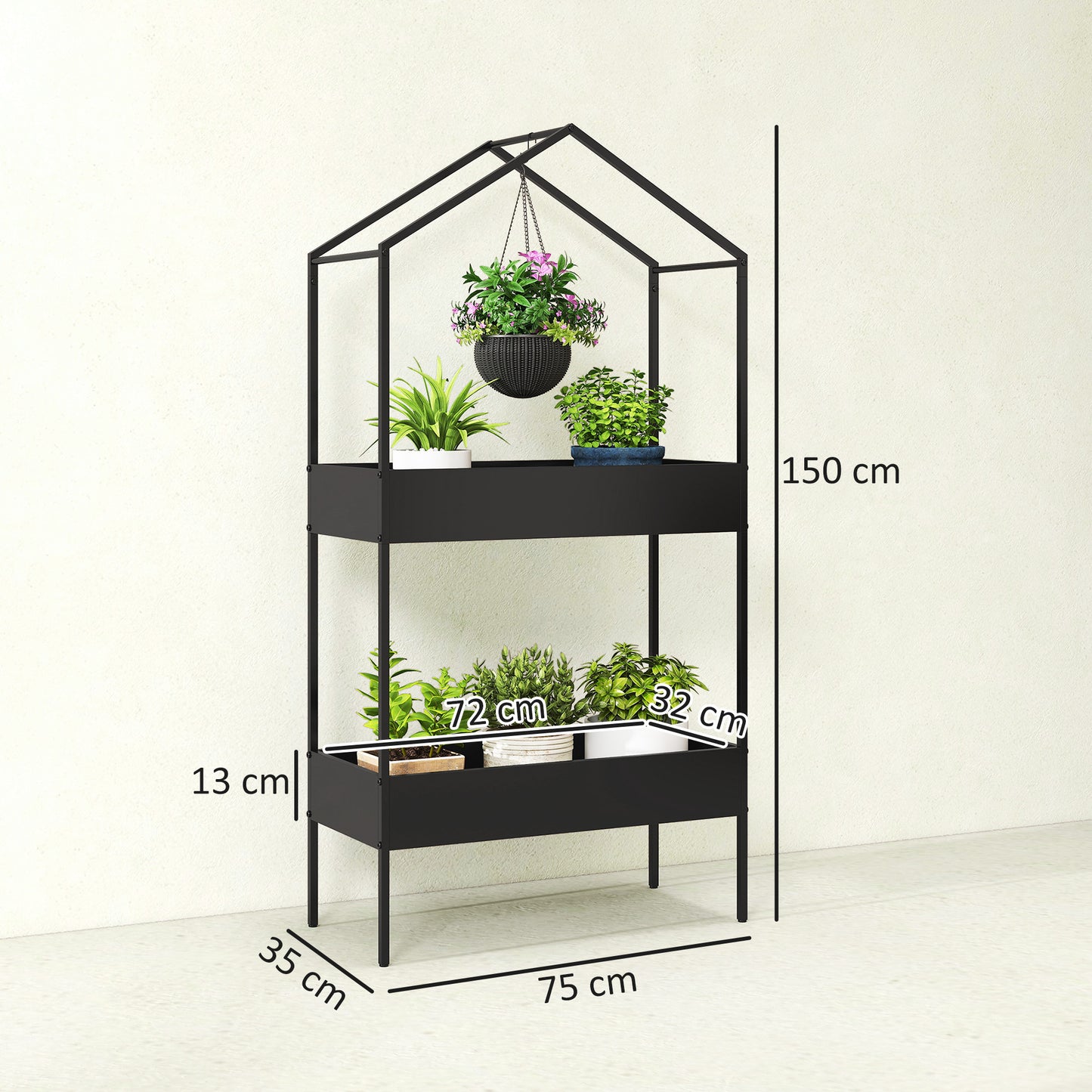 2 Tier Plant Stand, Outdoor Indoor Metal Plant Stand with Hook, House-Shaped Pots Holder Display Rack, Black