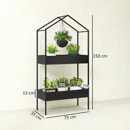 2 Tier Plant Stand, Outdoor Indoor Metal Plant Stand with Hook, House-Shaped Pots Holder Display Rack, Black