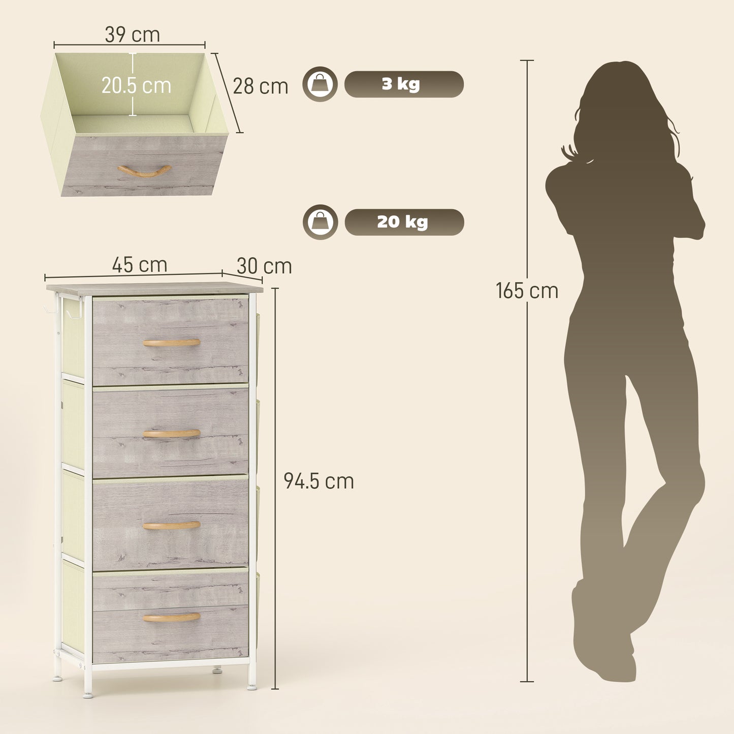 Chest of Four Fabric Drawers - Natural Wood Finish