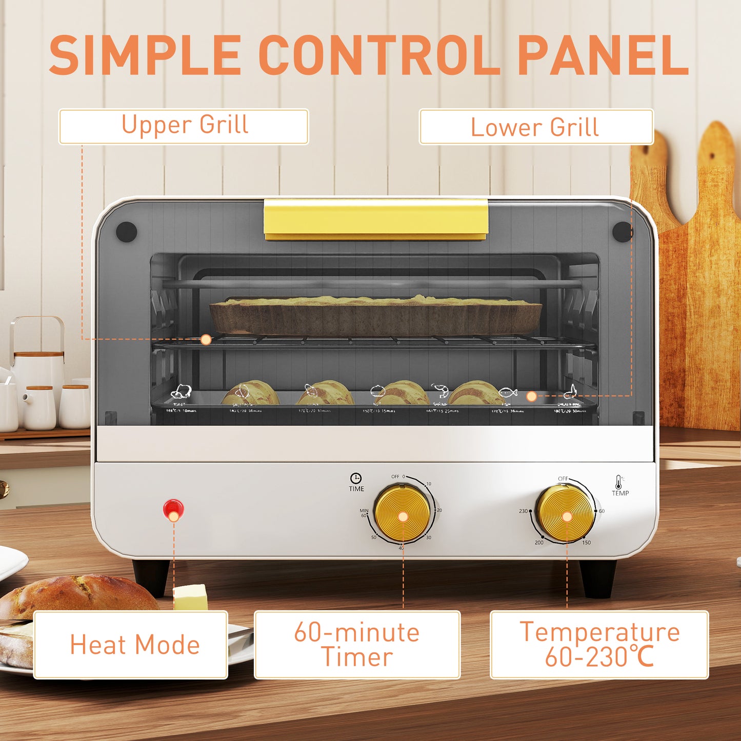 Small Toaster Oven, 12L Multifunction Mini Countertop Oven with Glass Door, Adjustable Temperature and Timer, White