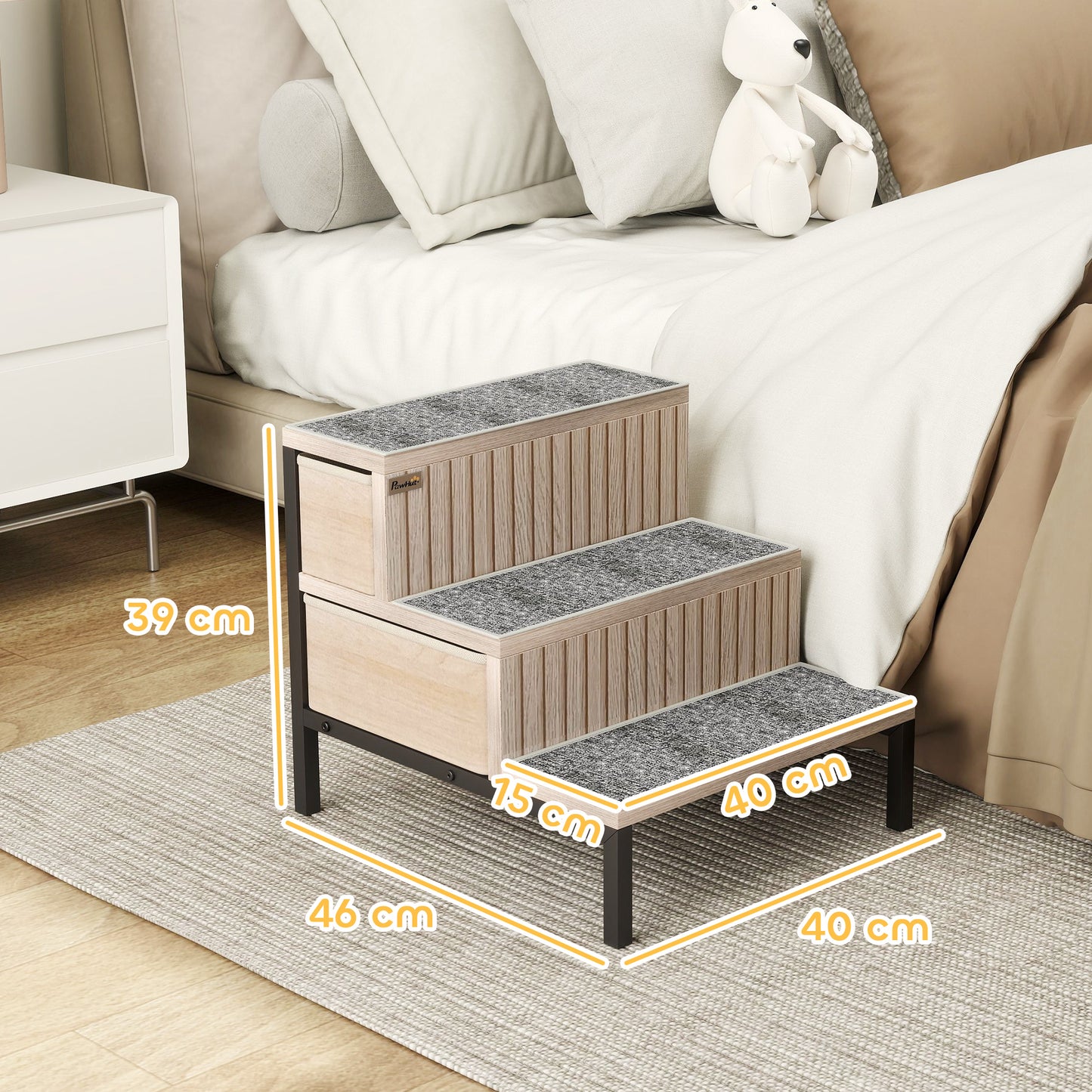 Dog Stairs with Storage, Non-Slip Cover, Pet Steps for Small Dogs & Older Cats, for Sofa, High Bed, Oak Tone