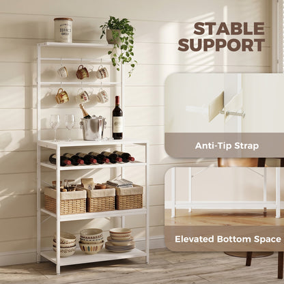 Freestanding Shelving Unit, Industrial Storage Shelf with 6 Hooks and Wine Rack for Living Room, Home Office, White