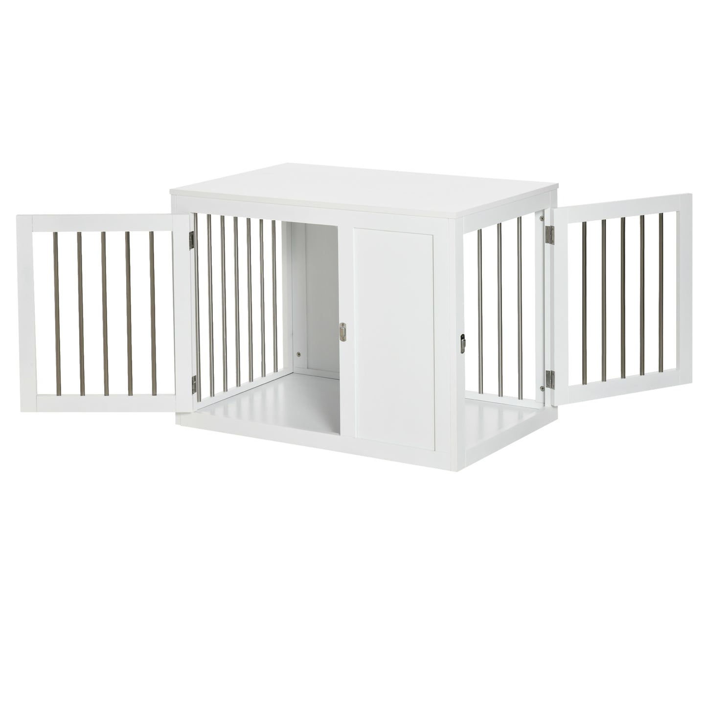 2-in-1 Dog Cage and Side Table, with Two Lockable Doors, for Medium Dogs - White