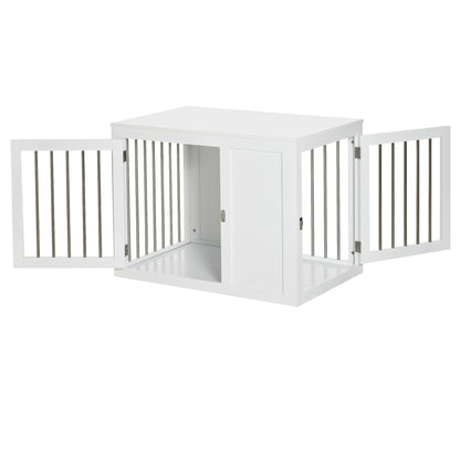 2-in-1 Dog Cage and Side Table, with Two Lockable Doors, for Medium Dogs - White