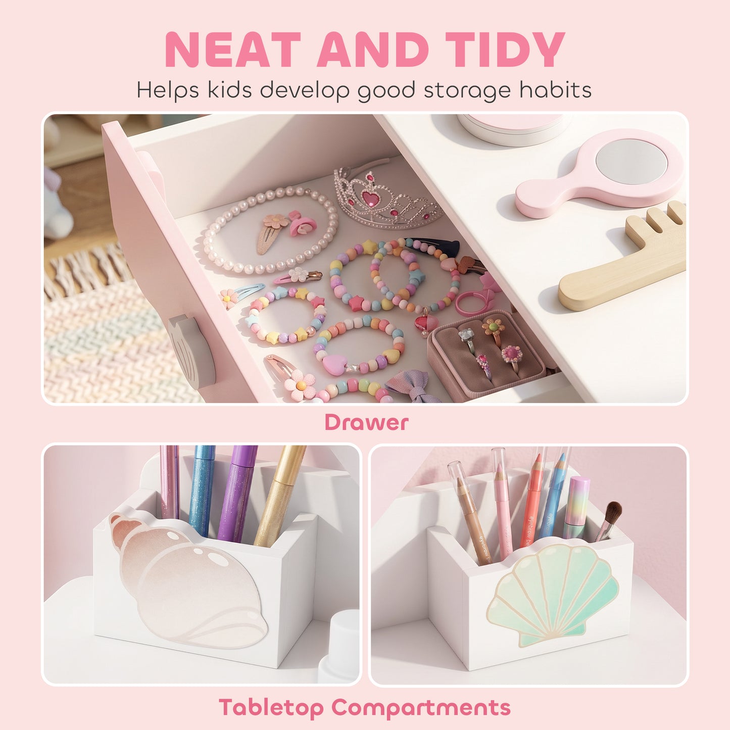 Kids Vanity Set, Kids Dressing Table with Chair, Acrylic Mirror, Lighted Bulbs, 7-Piece Accessories, for 3-8 Years, Pink