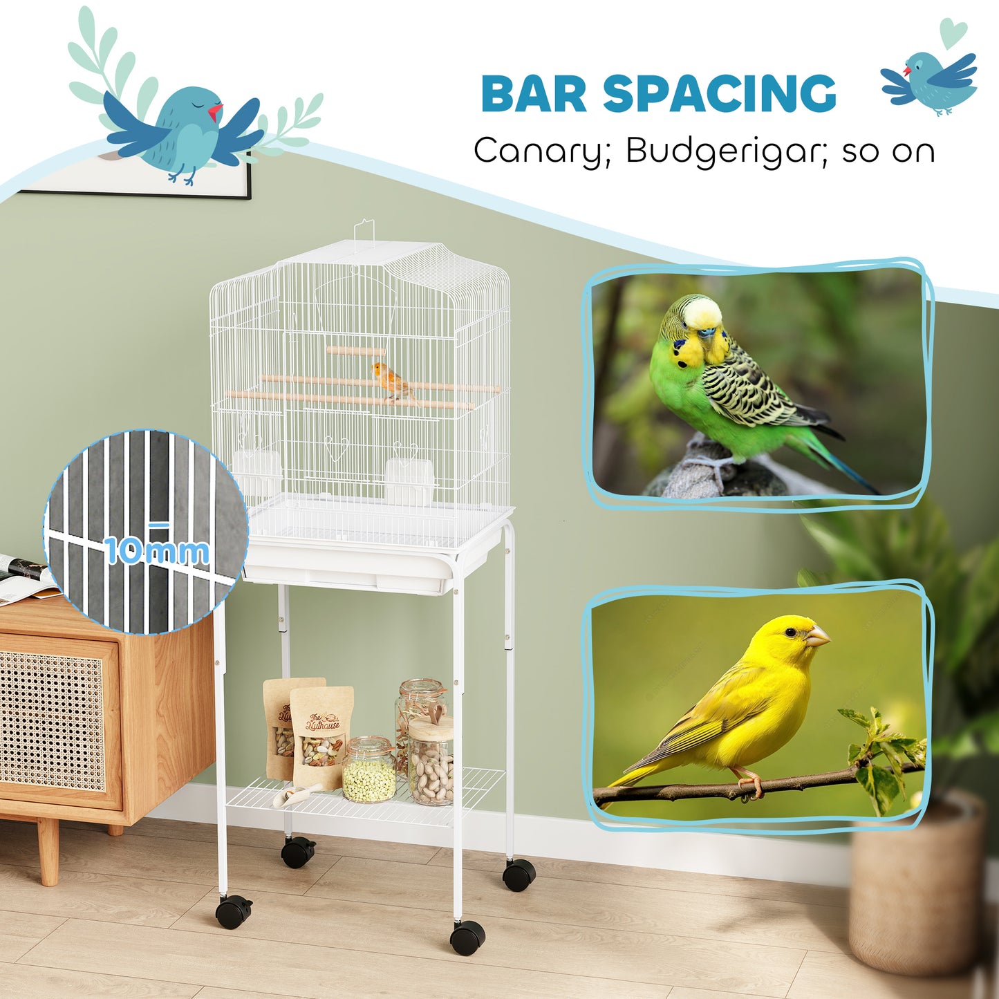 Bird Cage Budgie Cages for Finch Canary Parakeet with Stand Wheels Slide-out Tray Accessories Storage Shelf, White