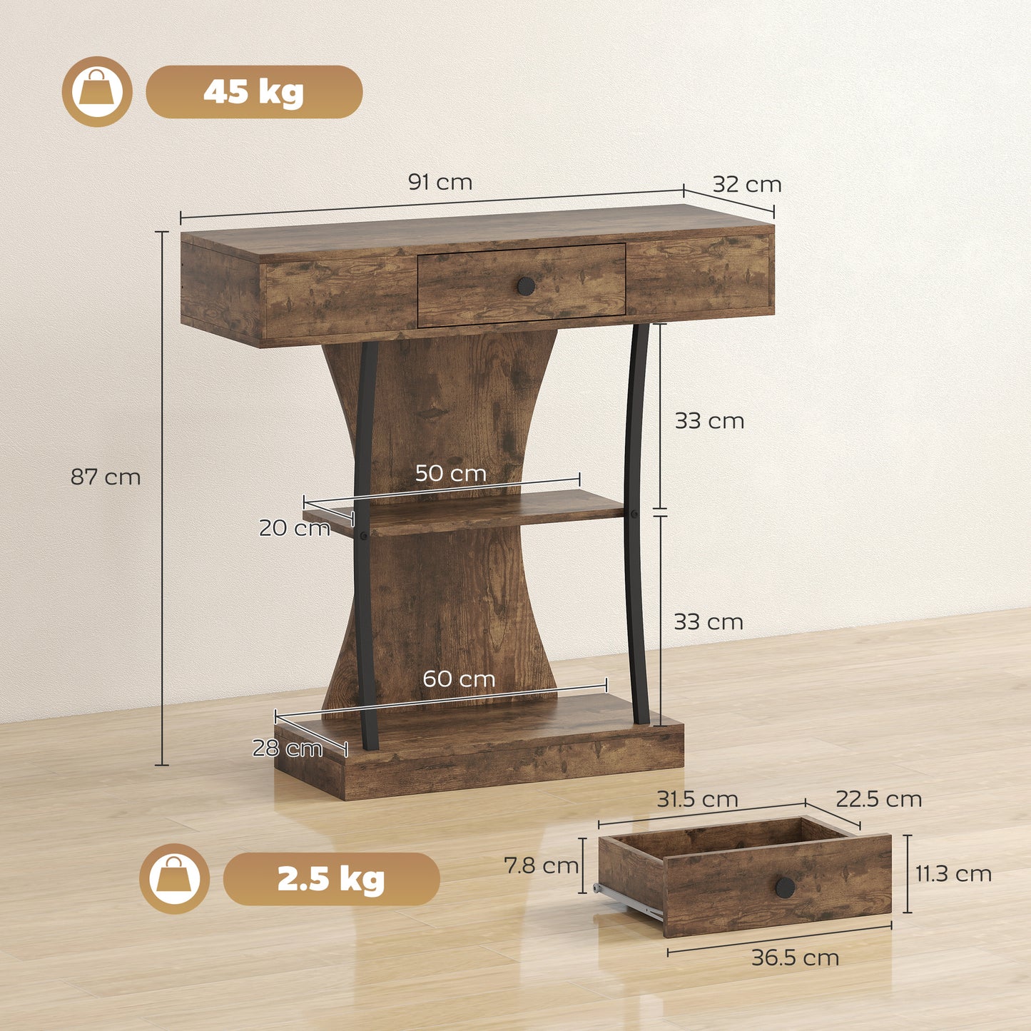 Console Table, 3-Tier Industrial Hallway Table with Drawer, Storage Shelves, 91 x 32 x 87 cm, Rustic Brown