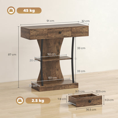 Console Table, 3-Tier Industrial Hallway Table with Drawer, Storage Shelves, 91 x 32 x 87 cm, Rustic Brown