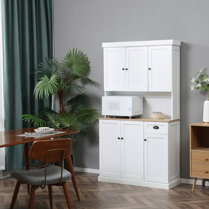180cm Freestanding Kitchen Cabinet, Modern Storage Cupboard with Open Countertop, Drawer and 6 Doors, White