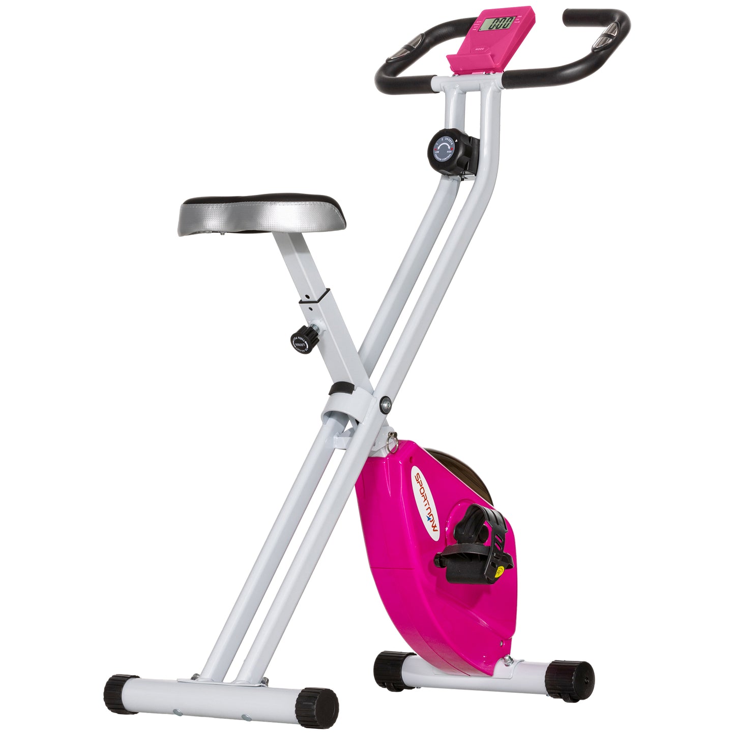 Folding and Quiet Exercise Bike with 8-Level Magnetic Resistance and Heart Rate Sensor, for Home Gym, Pink and White