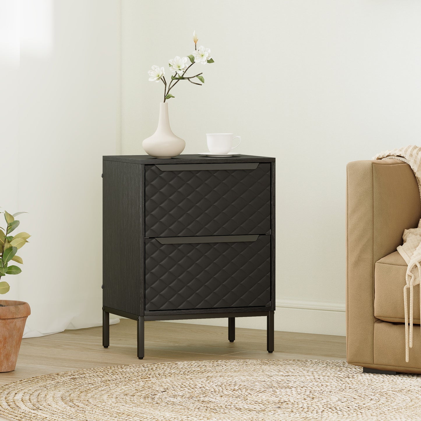 Chest of Drawers, Dresser with 2 Fabric Drawers and Aluminium Handles - Black