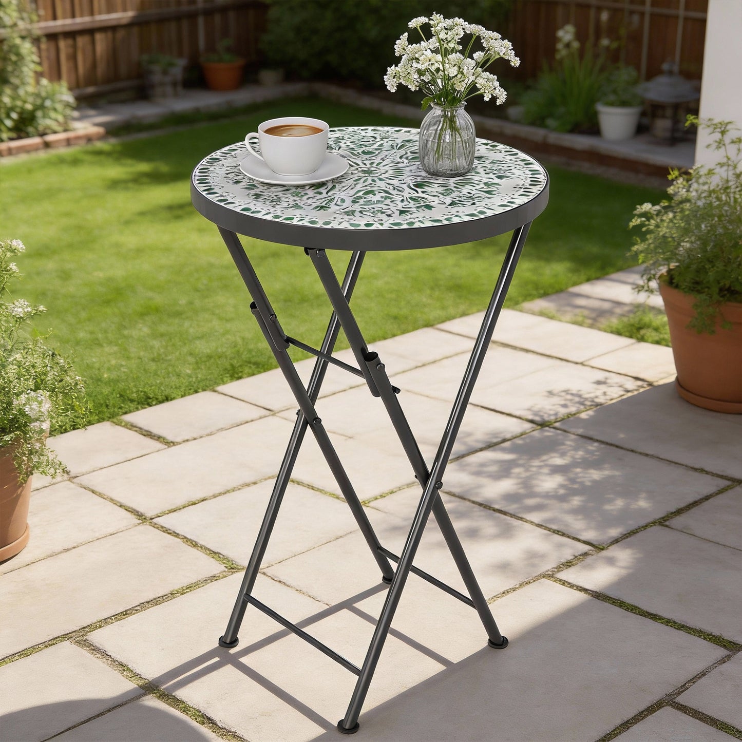 Mosaic Outdoor Garden Table, 35.5cm Round Folding Coffee Table with Metal Frame for Balcony Terrace, Green