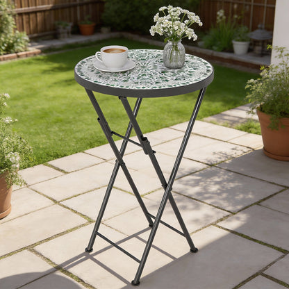 Mosaic Outdoor Garden Table, 35.5cm Round Folding Coffee Table with Metal Frame for Balcony Terrace, Green