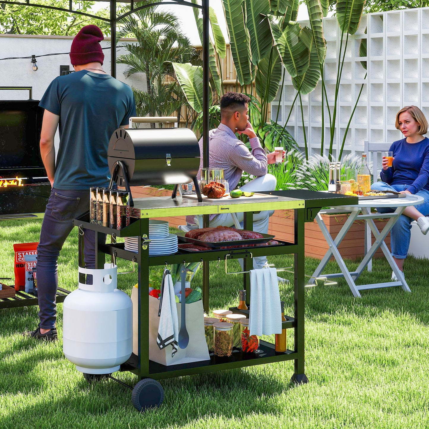 Multi-Feature BBQ Grill Table, with Stainless Steel Top - Black