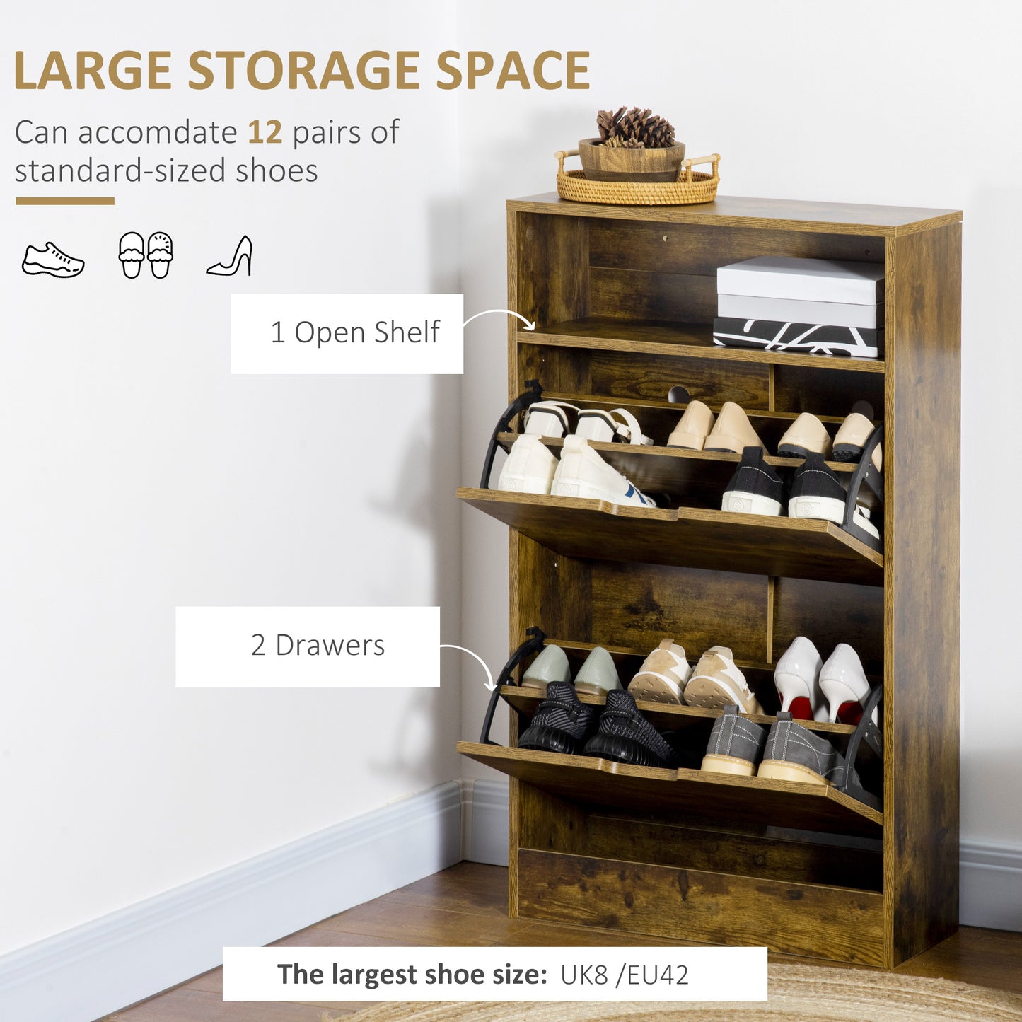 Shoe Cabinet with 2 Flip Doors, Slim 2-Drawer Shoe Cupboard with Adjustable Divider and Open Compartment for 12 Pairs of Shoe