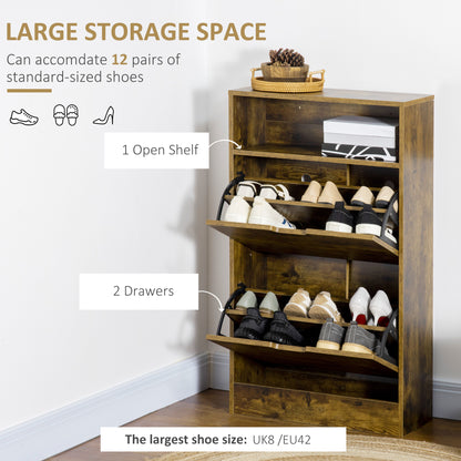 Shoe Cabinet with 2 Flip Doors, Slim 2-Drawer Shoe Cupboard with Adjustable Divider and Open Compartment for 12 Pairs of Shoe