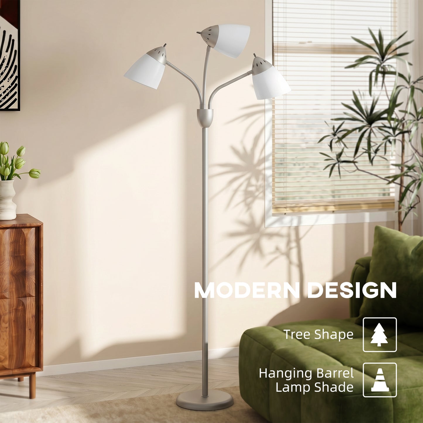 Arc Tree Floor Lamp with 3 Adjustable Rotating Lights, Industrial Standing Lamp with Steel Frame, Silver Tone
