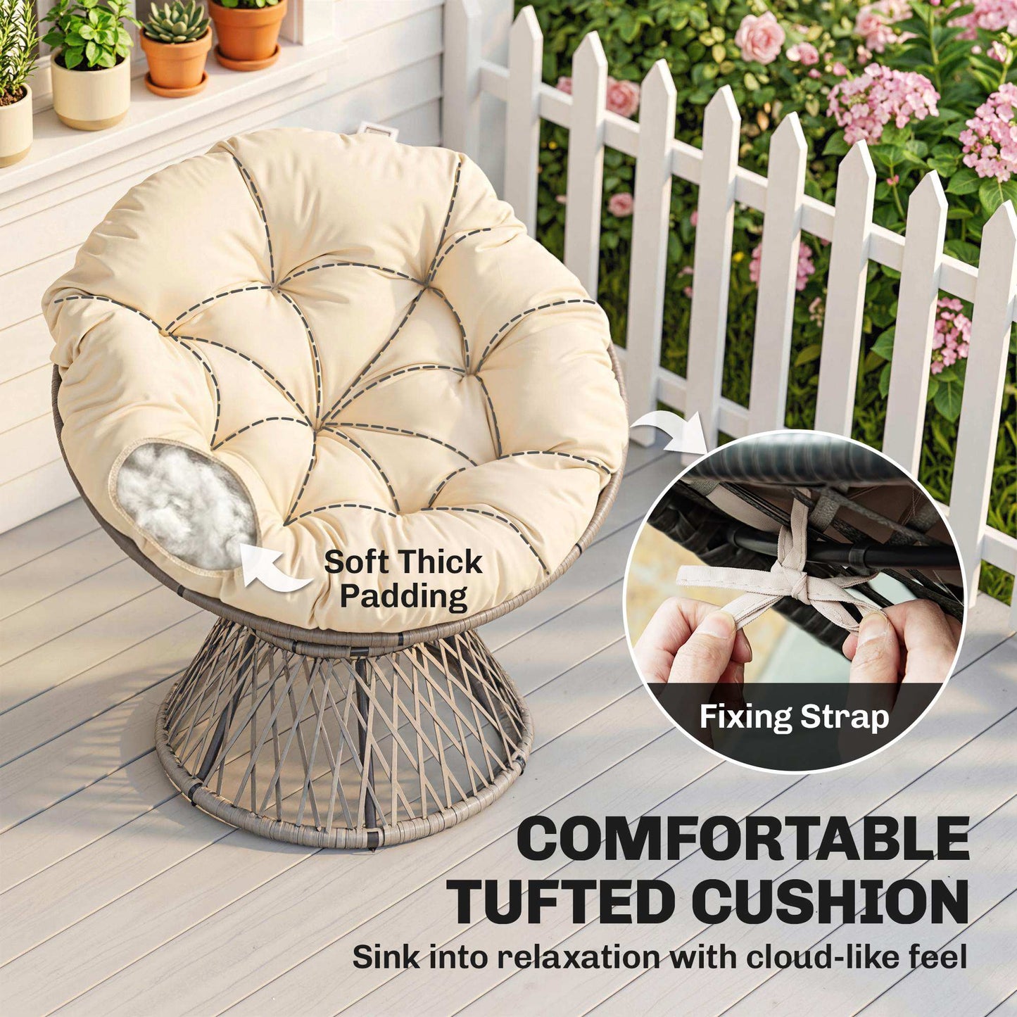 360° Swivel Rattan Moon Bowl Chair Round Lounge Garden Wicker Basket Seat with Padded Cushion Oversized for Outdoor Indoor