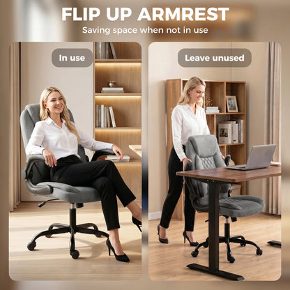 Linen-Look Computer Desk Chair, Executive Office Chair with Flip-Up Armrests and Thick Cushion, Grey