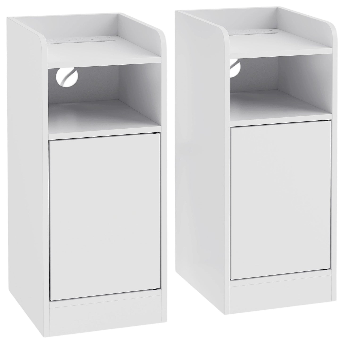 Slim Bedside Table Set of 2 with Charging Station, Narrow Bedside Cabinet with Adjustable Shelf, White