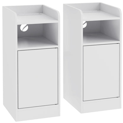 Slim Bedside Table Set of 2 with Charging Station, Narrow Bedside Cabinet with Adjustable Shelf, White