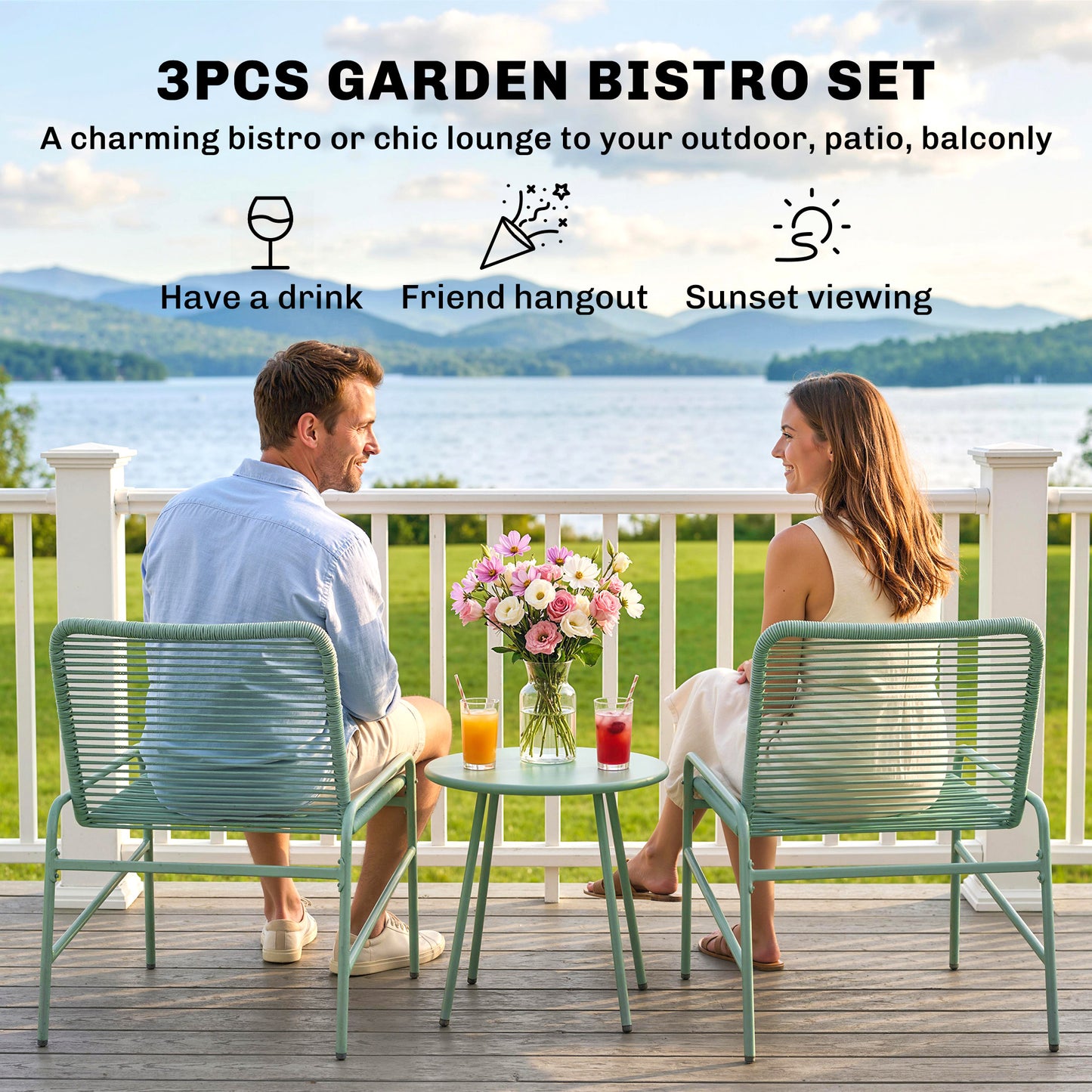 3 Piece Rattan Bistro Set, Outdoor Garden Furniture Set with 2 Chairs, Round Coffee Table for Patio, Balcony, Green