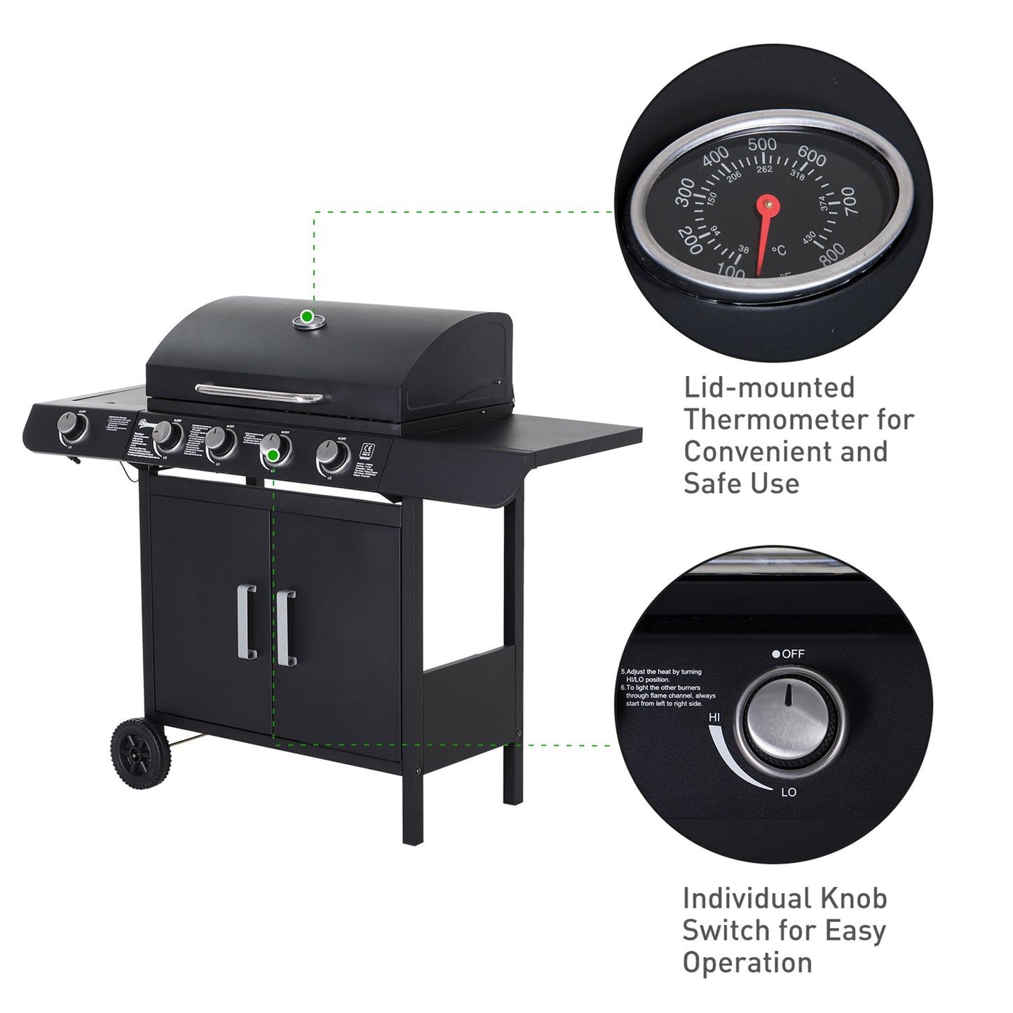 4+1 Burner Gas BBQ Grill, Outdoor Barbecue Trolley with Wheels, Warming Rack, Side Shelves, Cabinet, Thermometer for Garden