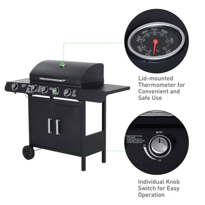 4+1 Burner Gas BBQ Grill, Outdoor Barbecue Trolley with Wheels, Warming Rack, Side Shelves, Cabinet, Thermometer for Garden