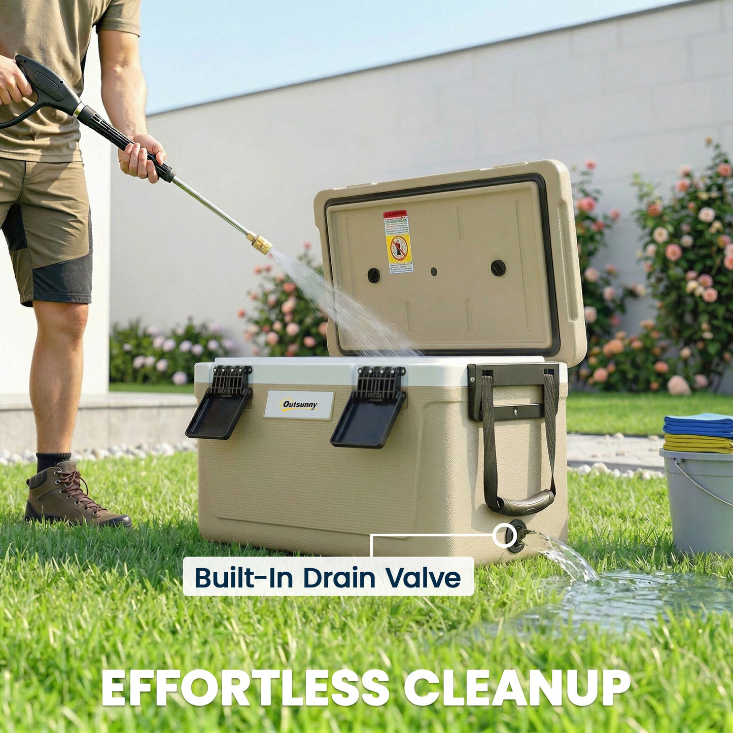 42.6L Insulated Cool Box, Lightweight Portable Ice Cooler with Handle, Lid and Drain Valve, Khaki