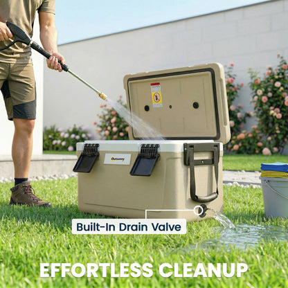 42.6L Insulated Cool Box, Lightweight Portable Ice Cooler with Handle, Lid and Drain Valve, Khaki