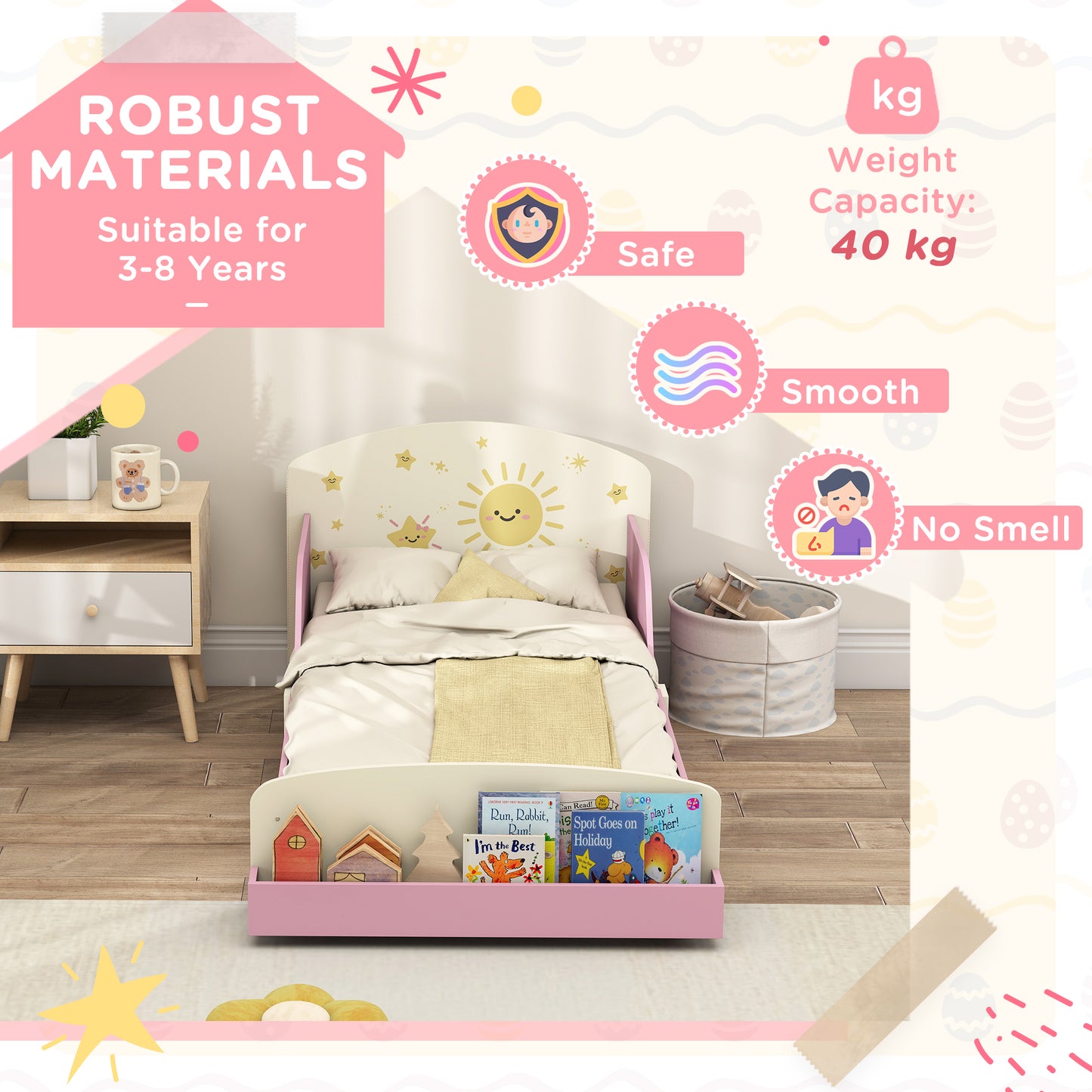 Toddler Bed with Storage, Guardrails, Sun Design, for Ages 3-8 Years, Fits 140 x 70cm Mattress