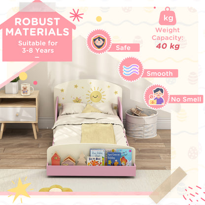 Toddler Bed with Storage, Guardrails, Sun Design, for Ages 3-8 Years, Fits 140 x 70cm Mattress