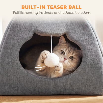 Cat Cave Bed for Indoor Kittens, Cat House with Removable Cushion and Teaser Ball, Kitty Igloo with Anti-Slip Base